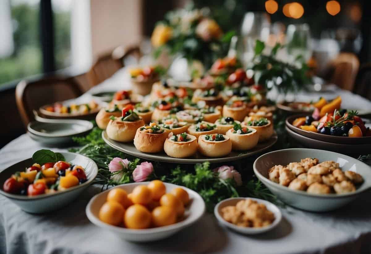 A table adorned with a variety of colorful and artfully arranged appetizers, surrounded by lush greenery and vibrant flowers