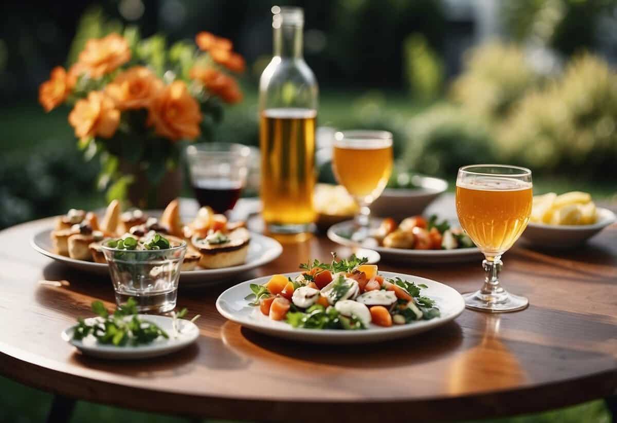 A table set with various appetizers and accompanying beverages in a garden setting, with flowers and greenery in the background