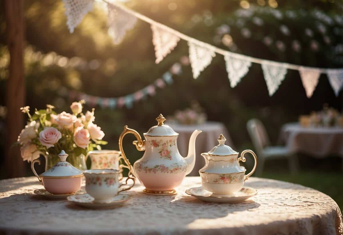 A vintage tea set arranged on a lace tablecloth, surrounded by pastel-colored bunting and floral decorations in a sunlit garden