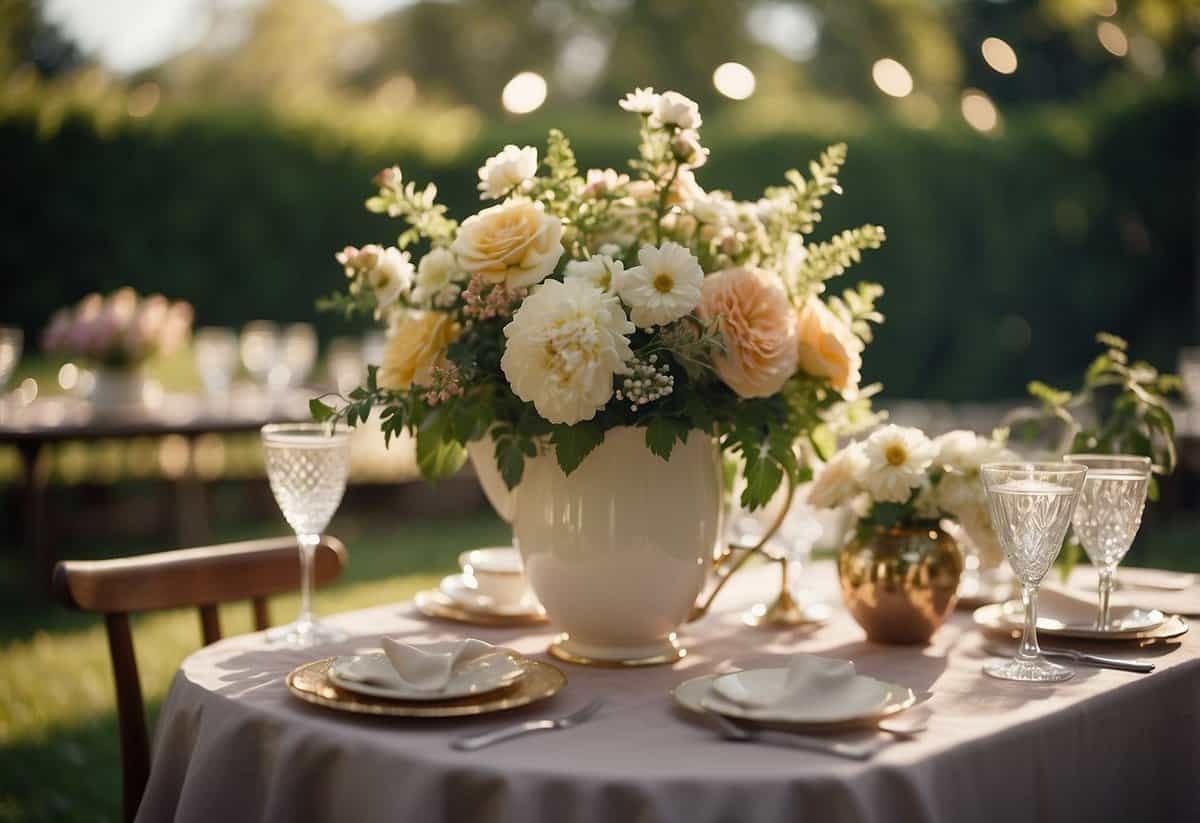 A garden party with vintage flower arrangements, celebrating a 30th birthday. Tables adorned with delicate blooms in antique vases, set amidst a lush garden backdrop