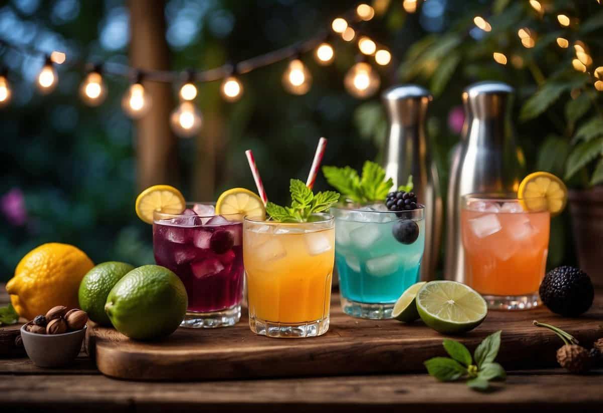 A colorful array of cocktail ingredients and tools arranged on a rustic wooden bar in a lush garden setting, with fairy lights twinkling overhead