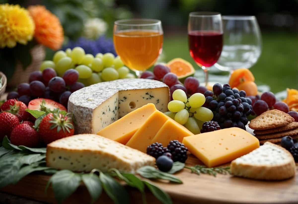 A colorful garden table displays a variety of gourmet cheeses, crackers, and fruits. The platter is surrounded by vibrant flowers and greenery, setting the scene for a 30th birthday celebration