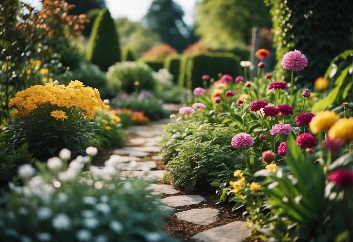 Lush garden with hidden treasures: colorful flowers, winding paths, and hidden clues. Guests search for hidden gems in the foliage