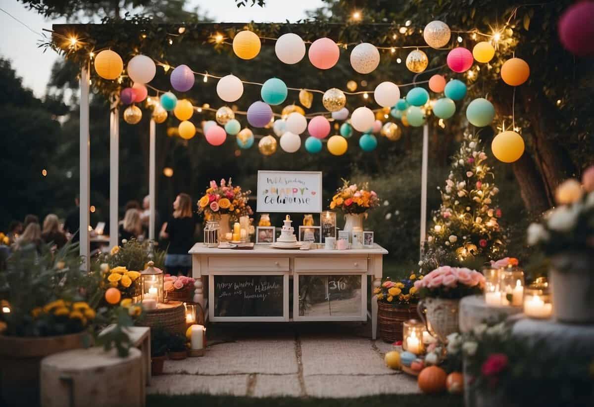 A colorful garden setting with a personalized Polaroid station, surrounded by festive decorations and happy guests enjoying the 30th birthday celebration