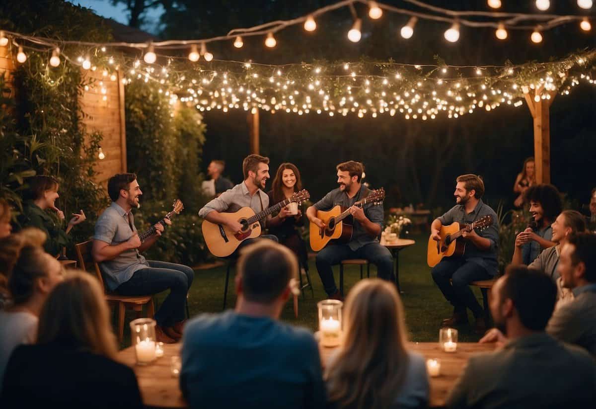 A cozy garden filled with twinkling fairy lights, surrounded by friends and family, as a live acoustic band plays joyful tunes for a 30th birthday celebration