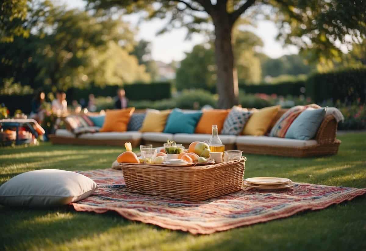 A lush garden setting with colorful blankets spread out on the grass, surrounded by picnic baskets and cushions for a relaxed 30th birthday celebration