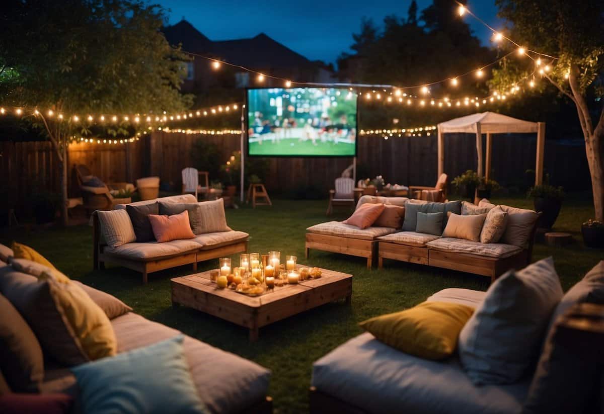 A cozy garden lit up with string lights, a large screen set up on the grass, blankets and pillows scattered around, and a table filled with snacks and drinks for an outdoor movie night 30th birthday party