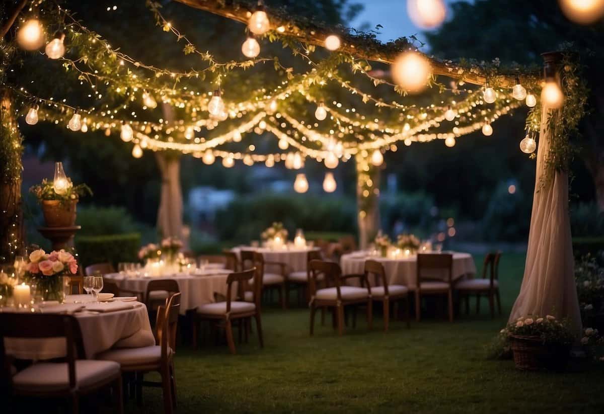 A canopy of twinkling fairy lights drapes over a lush garden, casting a warm and magical glow over the 30th birthday celebration. Sparkling lanterns and vibrant flowers adorn the space, creating a dreamy and enchanting atmosphere