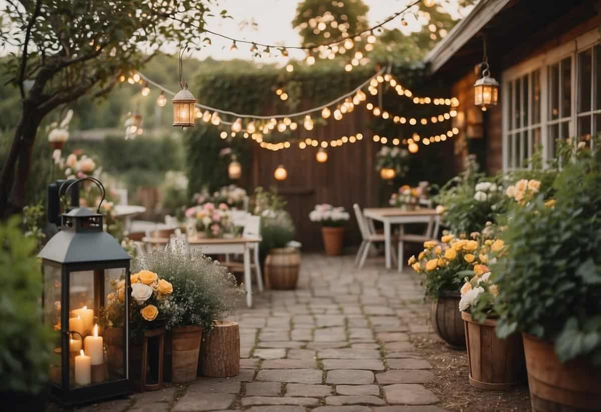 A charming garden adorned with rustic decor for a 30th birthday party, featuring vintage lanterns, wooden signs, and floral arrangements