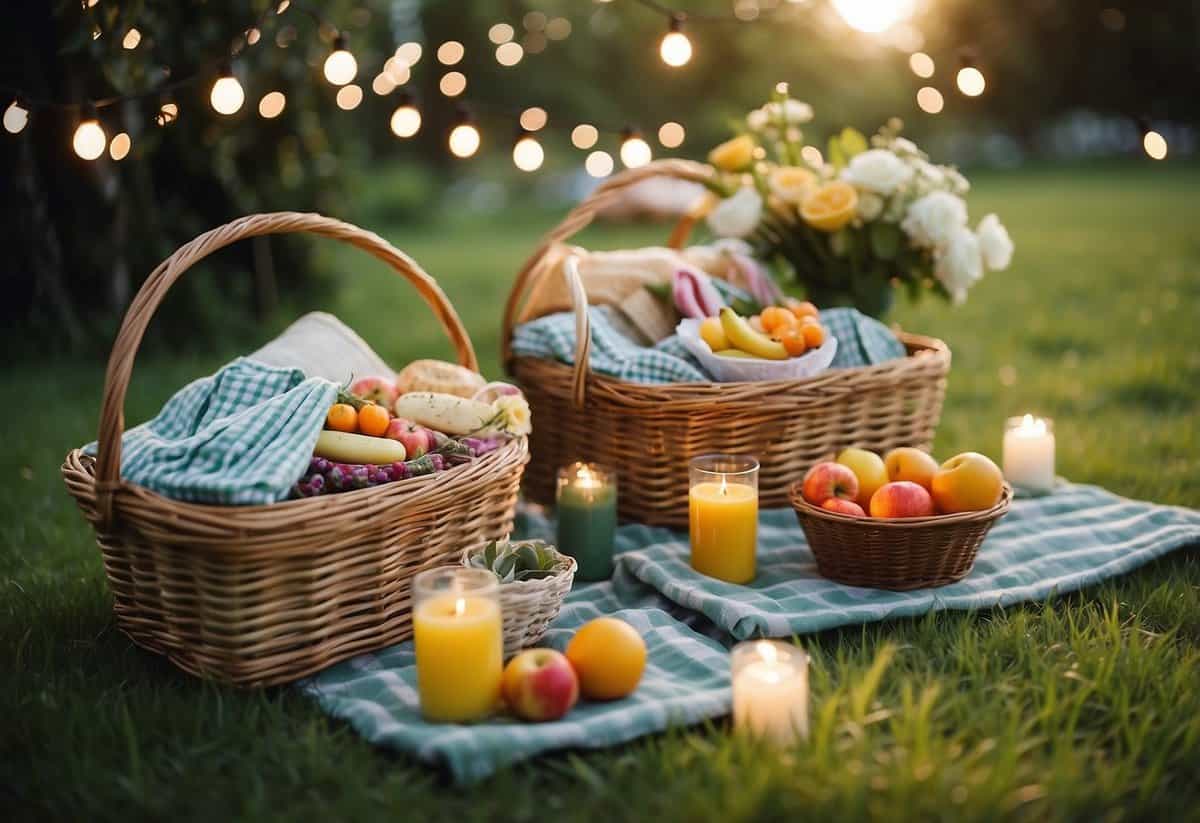 Colorful picnic baskets arranged on lush green grass, surrounded by blooming flowers and twinkling string lights