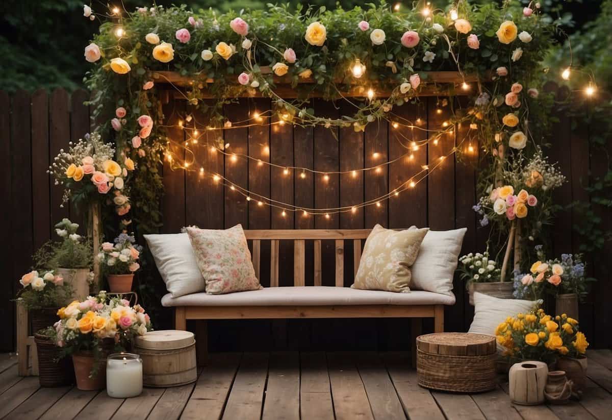 A garden-themed photo booth with a rustic wooden backdrop, adorned with blooming flowers, hanging vines, and twinkling fairy lights. A vintage garden bench and an assortment of whimsical props are scattered around the area