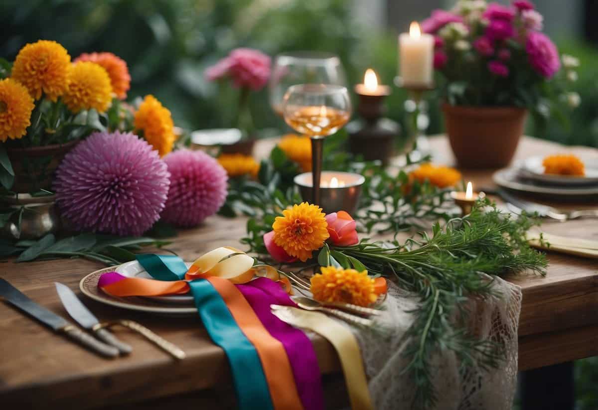 A table adorned with colorful flowers, ribbons, and greenery. Scissors, wire, and tape neatly arranged. A joyful, vibrant atmosphere