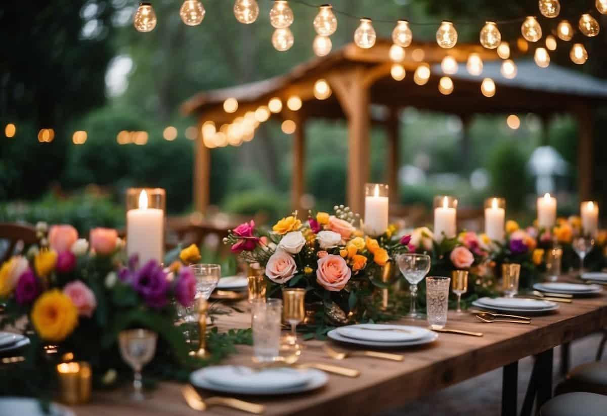 A lush garden setting with colorful flowers, elegant tables, and twinkling lights. Invitations and 18th birthday decor add a festive touch to the scene