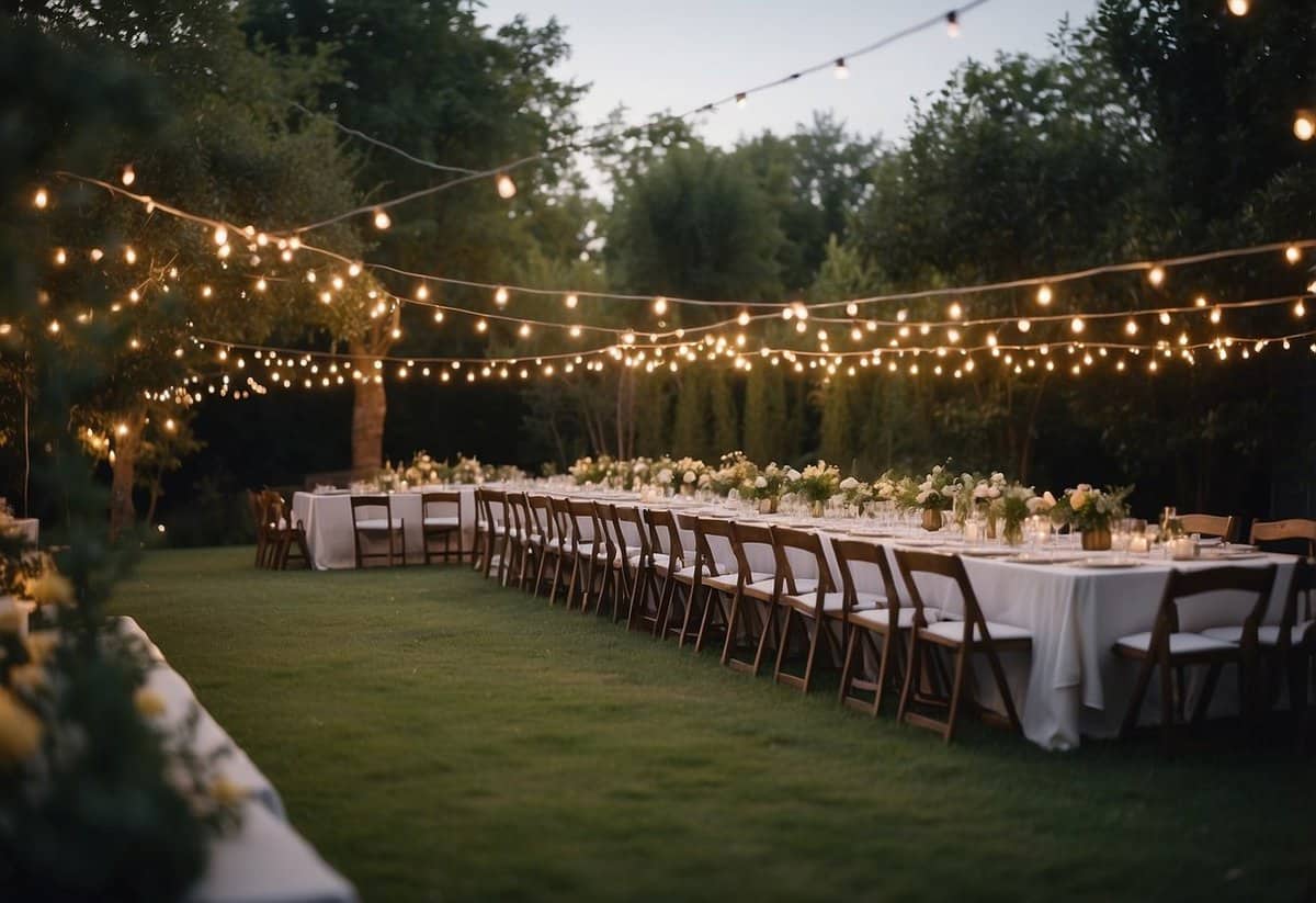 A garden adorned with twinkling outdoor string lights for an 18th birthday party. Tables and chairs set up for guests, with a festive and celebratory atmosphere