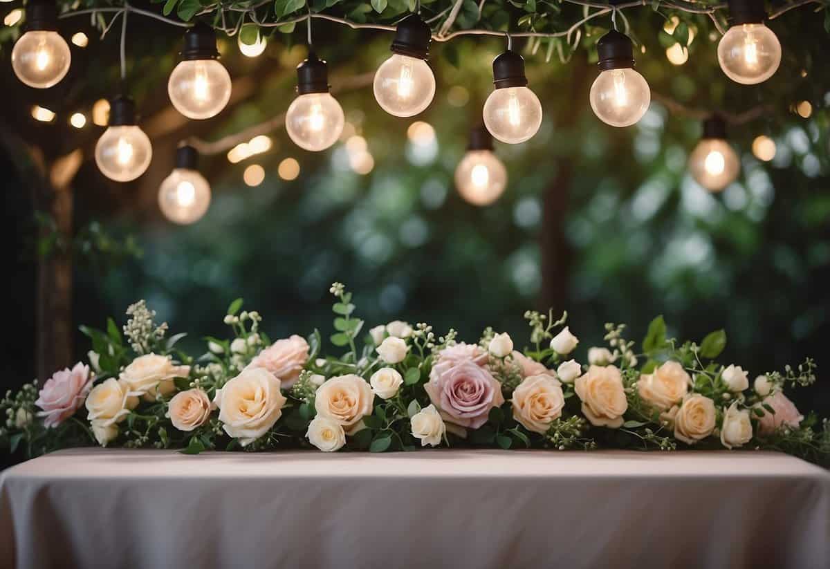 A table adorned with pastel flower crowns, surrounded by lush greenery and twinkling string lights. A sign reads "Flower Crown Station" in elegant script