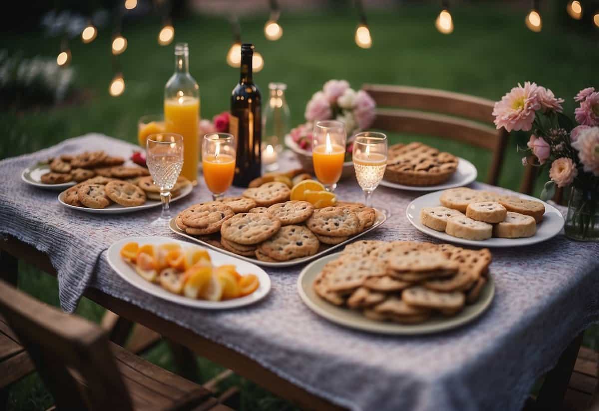 Colorful picnic blankets spread across a lush garden, surrounded by blooming flowers and twinkling string lights. A table filled with delectable treats and drinks sits in the center, ready for a festive 18th birthday celebration