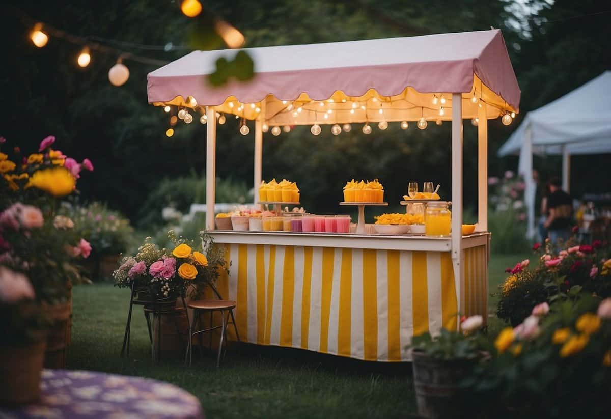 A colorful lemonade stand surrounded by vibrant flowers and twinkling fairy lights at an 18th birthday garden party