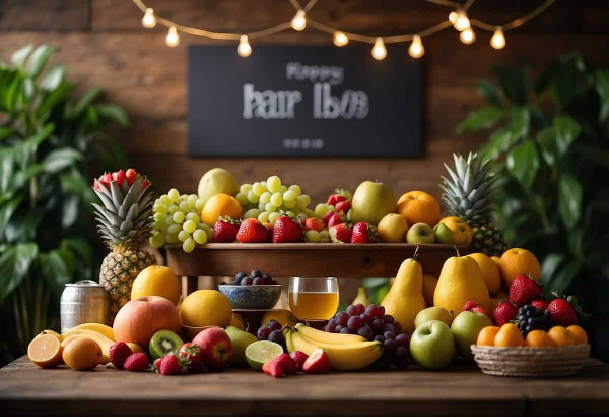 A colorful array of fresh fruits arranged on a bar, surrounded by vibrant flowers and greenery, with a festive 18th birthday banner hanging overhead