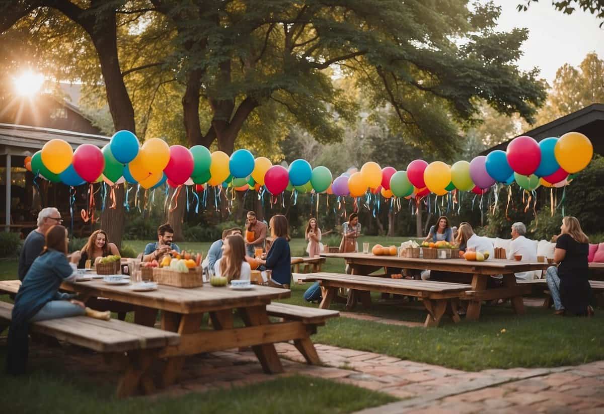 A garden filled with colorful balloons, tables adorned with games like cornhole and giant Jenga, and friends laughing and enjoying outdoor activities