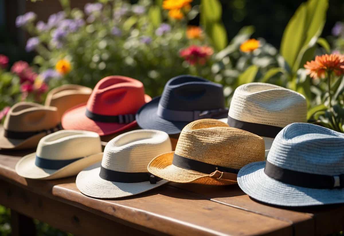 Colorful hats scattered on a garden table, surrounded by blooming flowers and greenery. Sunlight filters through the leaves, casting dappled shadows on the scene