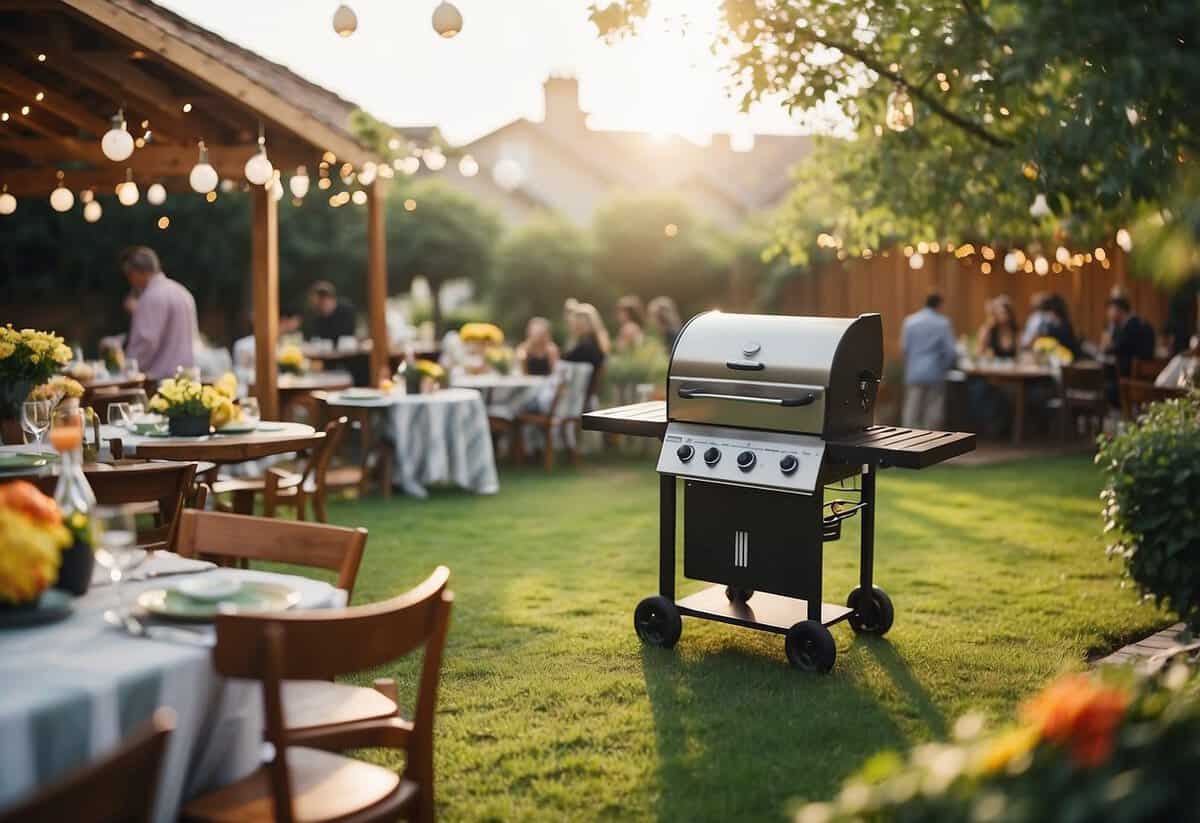 A colorful garden party with a BBQ grill station as the focal point. Festive decorations and seating areas surround the grill, creating a lively and inviting atmosphere