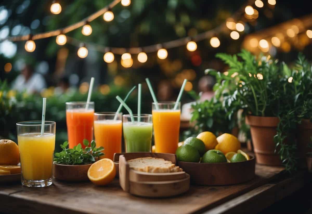 A vibrant garden party with a colorful juice bar serving fresh, fruity drinks. Lush greenery and twinkling lights create a festive atmosphere