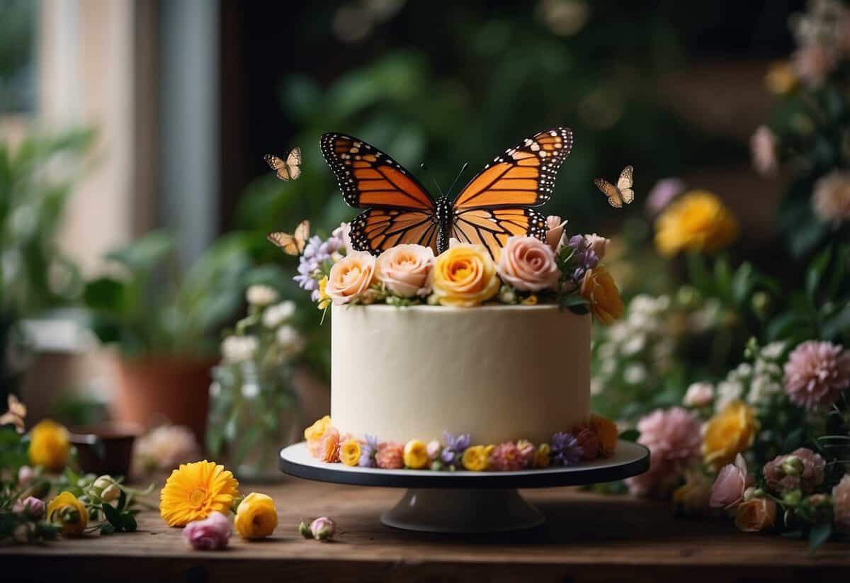 A colorful garden-themed cake sits on a table surrounded by blooming flowers and greenery, with butterflies fluttering around