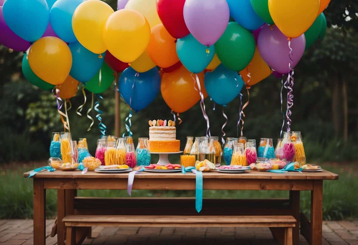 Colorful party favors arranged on a garden table, with personalized tags and ribbons. Balloons and streamers decorate the space, creating a festive atmosphere for an 18th birthday celebration