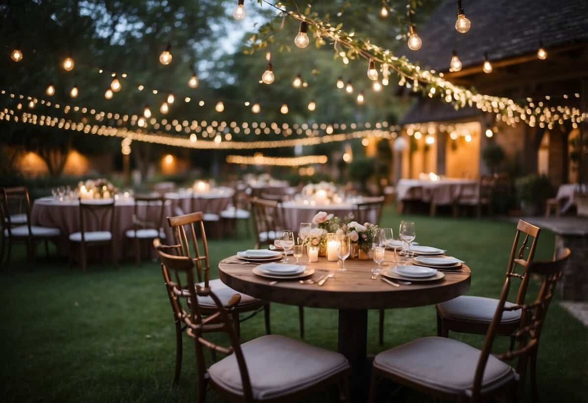 A garden adorned with twinkling fairy lights, scattered around for an 18th birthday celebration. Tables and chairs are set up for guests to enjoy the magical ambiance