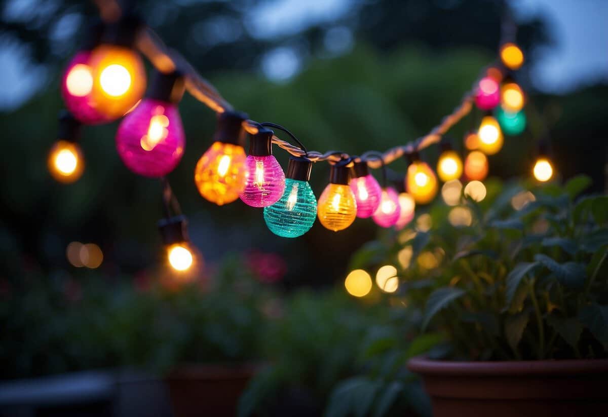 Colorful string fairy lights hang above a lively garden party, illuminating the festive atmosphere