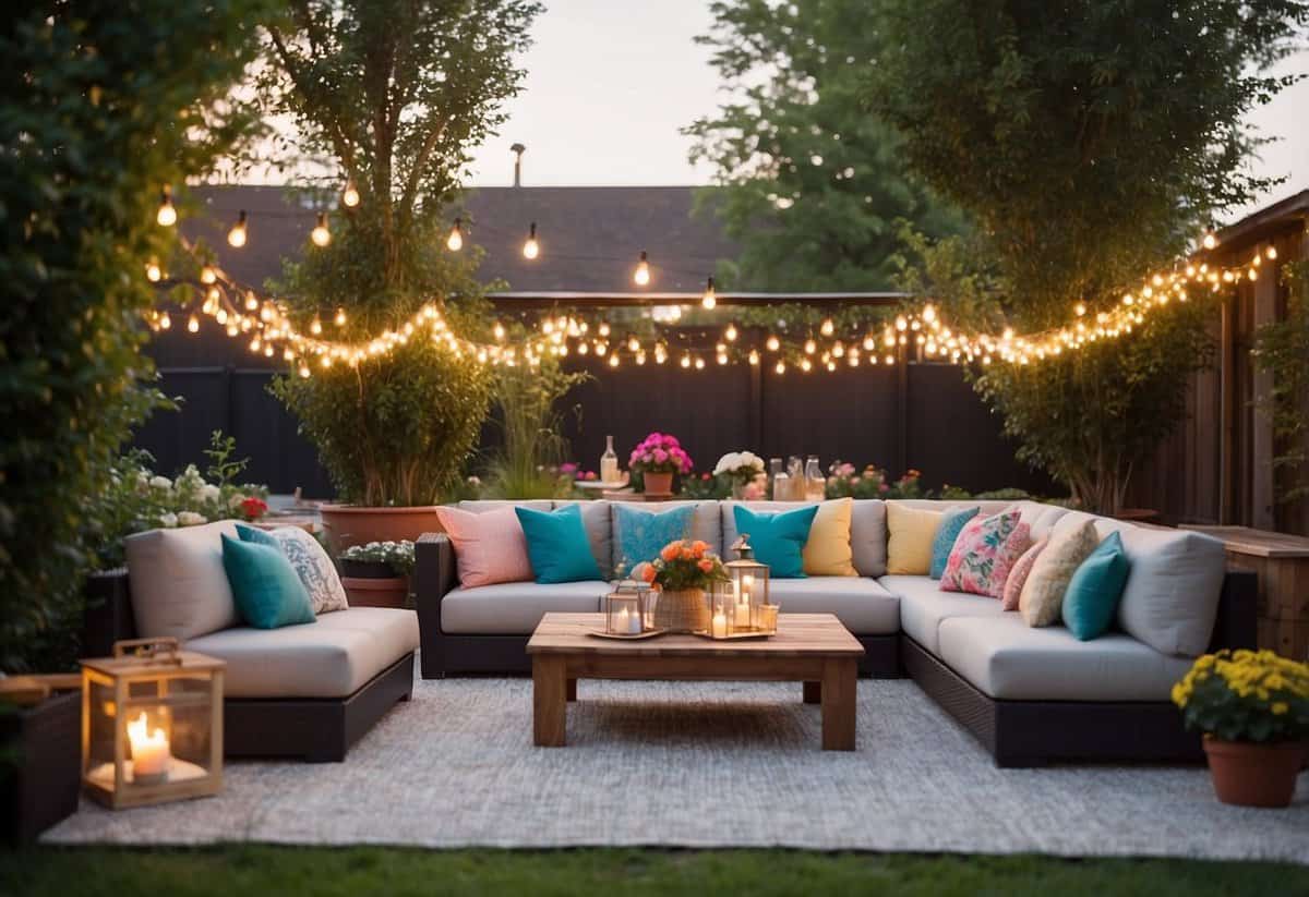 An outdoor lounge area with cozy seating, surrounded by colorful flowers and twinkling lights. A festive atmosphere with a touch of elegance for a 60th birthday garden party