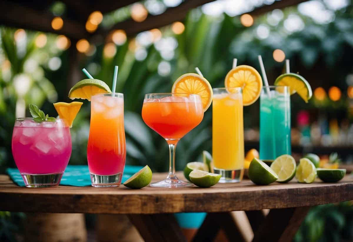 A vibrant tropical-themed cocktail bar at a lively 60th birthday garden party, with colorful drinks, lush greenery, and festive decor