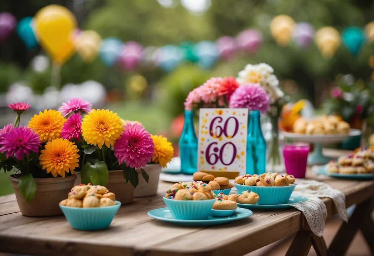 Colorful party favors displayed on a garden table, with a "60" birthday banner in the background. Flowers and greenery surround the area, creating a festive and celebratory atmosphere