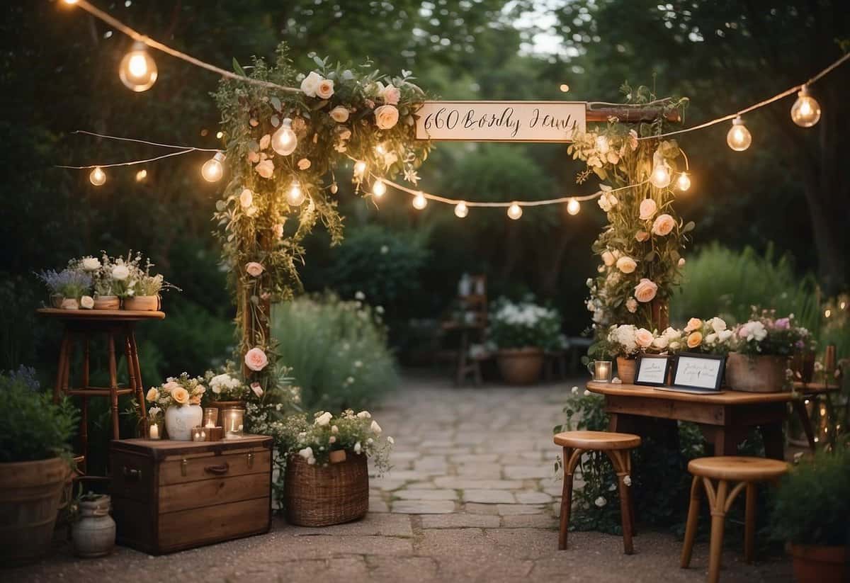 A garden-themed photo booth with floral backdrops, vintage props, and twinkling fairy lights. A sign reads "60th Birthday Garden Party Ideas" in elegant calligraphy