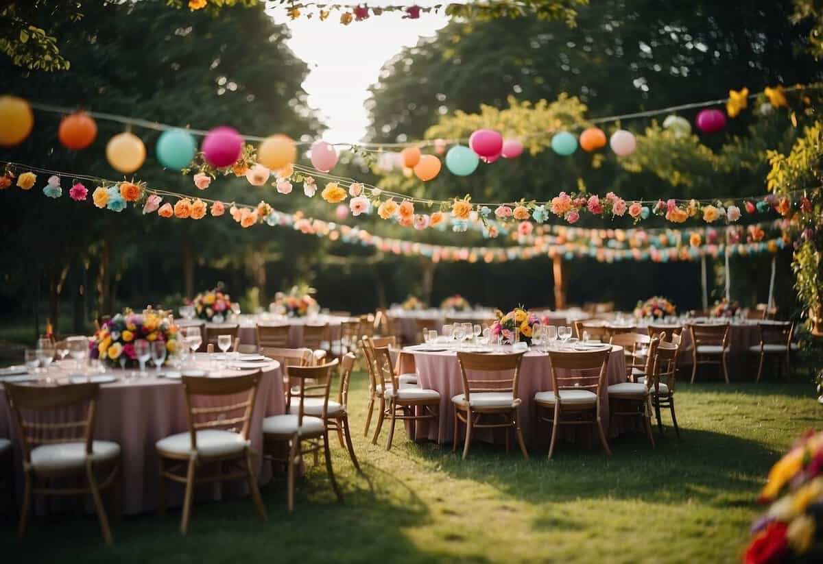 A garden adorned with vibrant floral garlands, set up for a 60th birthday party celebration. Tables and chairs are arranged, with colorful decorations and a festive atmosphere