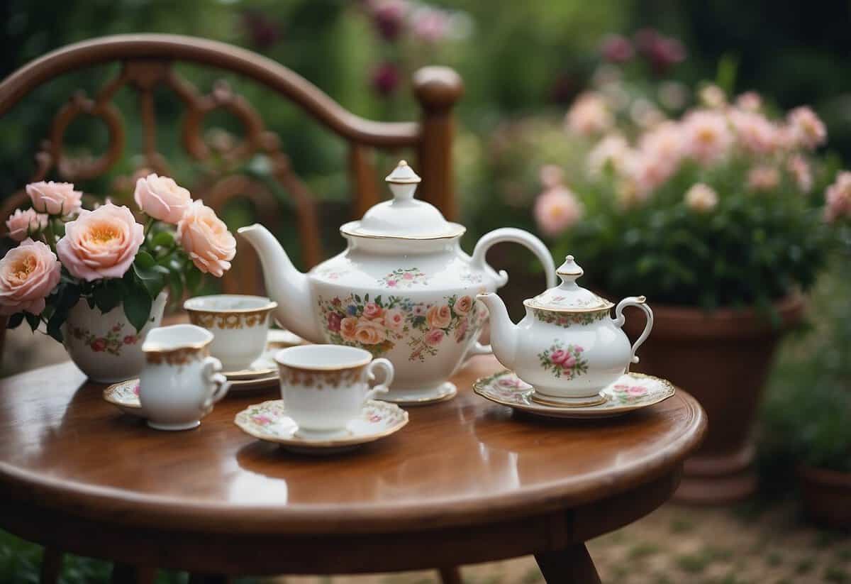 A garden adorned with vintage tea sets for a 60th birthday party, with blooming flowers and charming decor