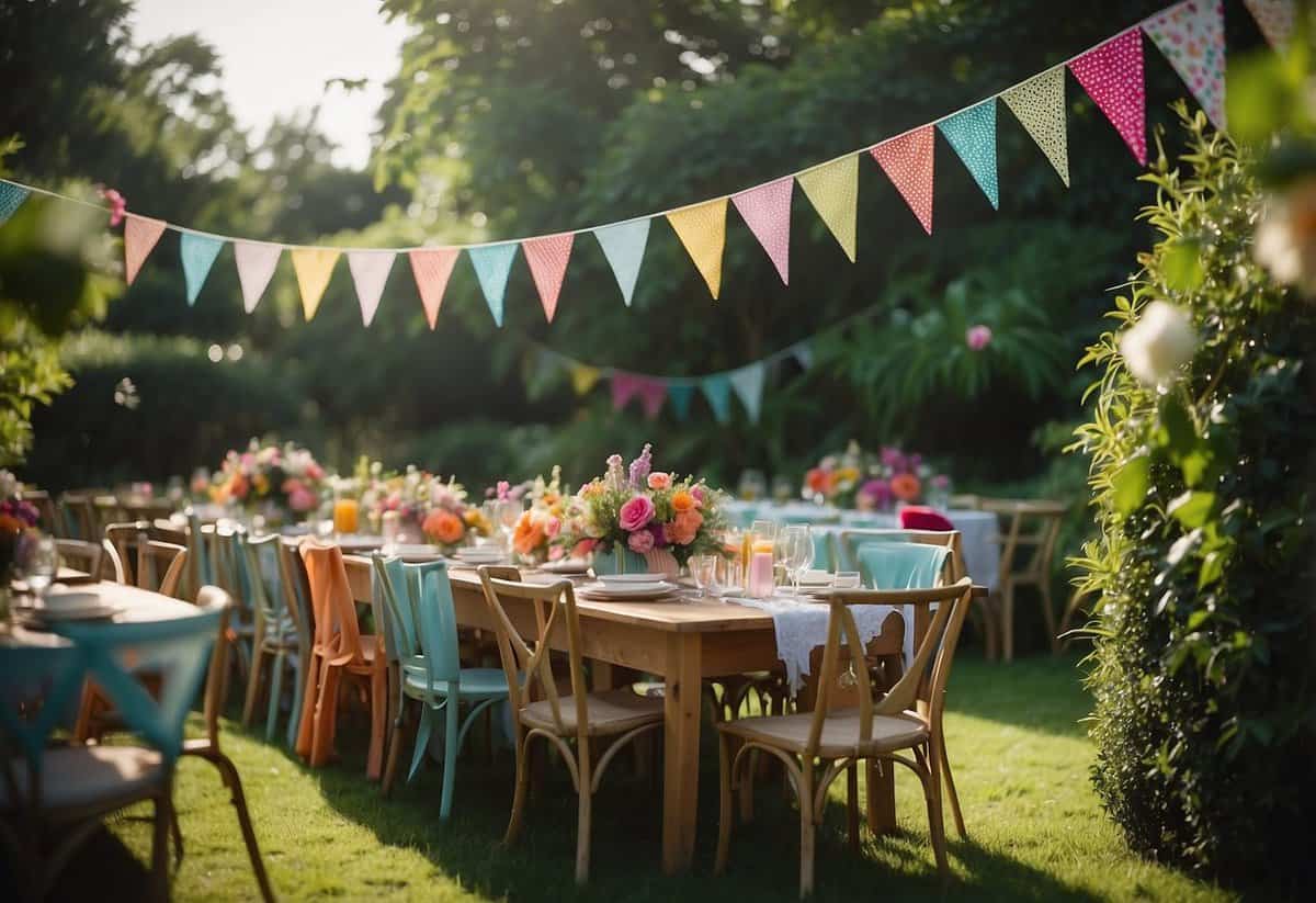 Vibrant bunting decorates a lush garden, setting the scene for a lively 60th birthday celebration. Tables adorned with colorful centerpieces and festive decorations create a joyous atmosphere