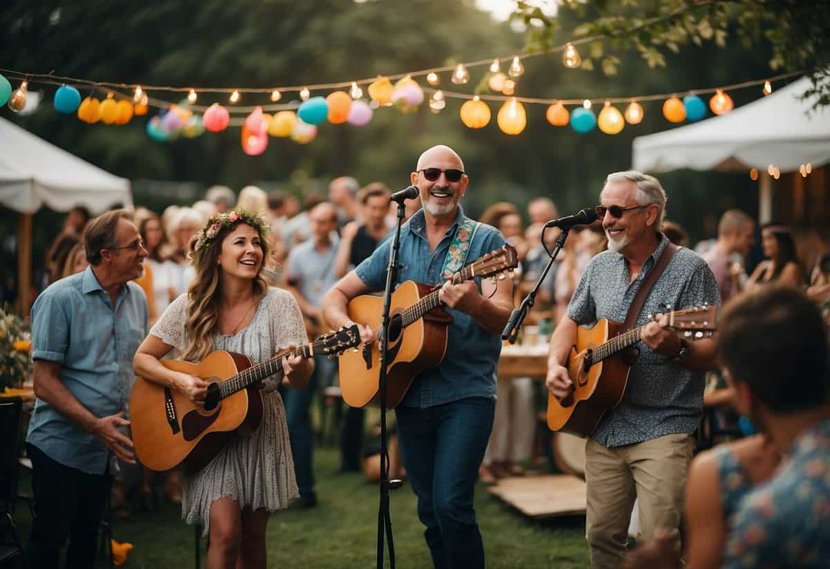 A live acoustic band performs at a vibrant 60th birthday garden party, surrounded by colorful decorations and happy guests