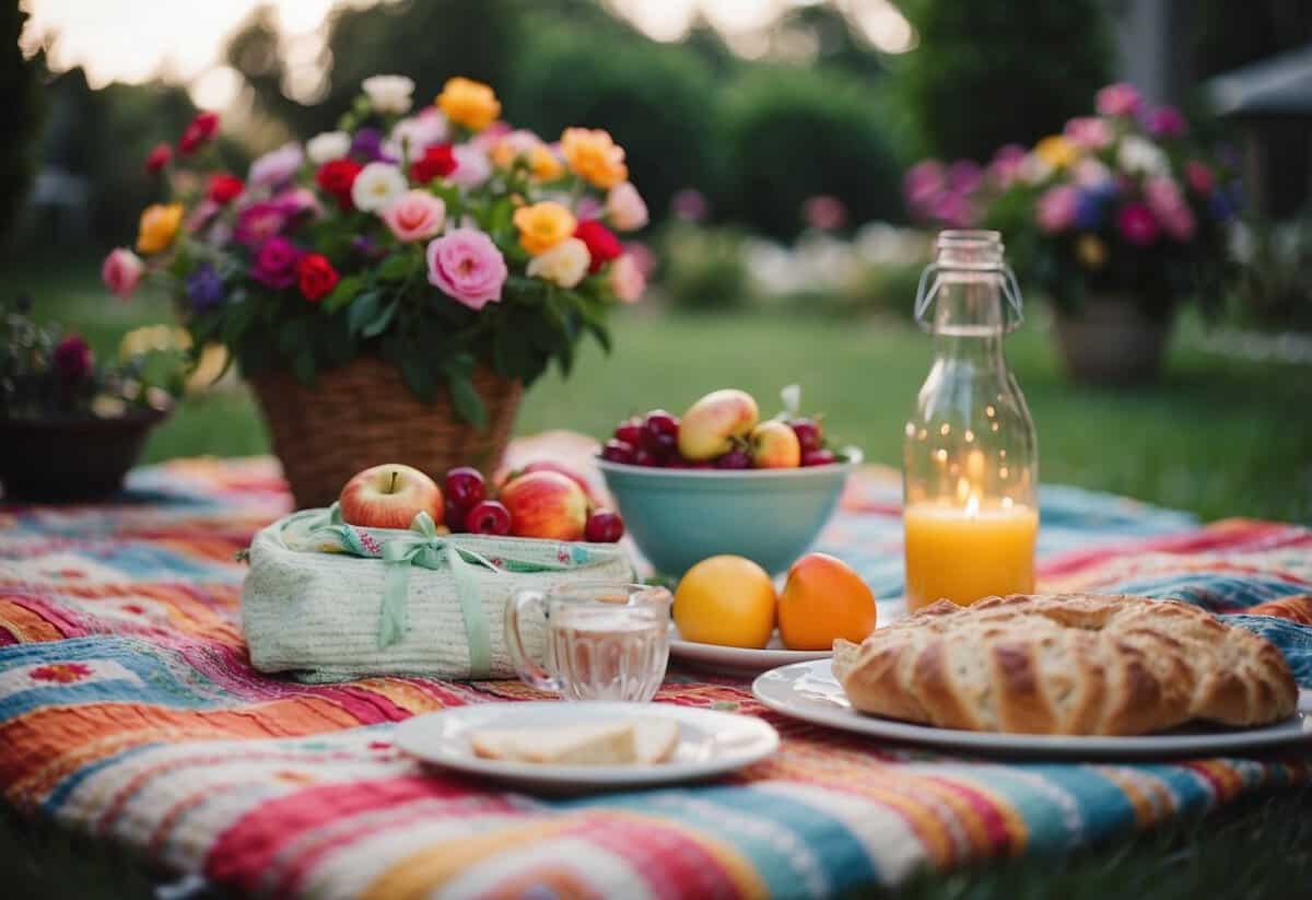 Colorful picnic blankets spread across a lush garden, surrounded by blooming flowers and twinkling string lights. A whimsical 60th birthday celebration in full swing