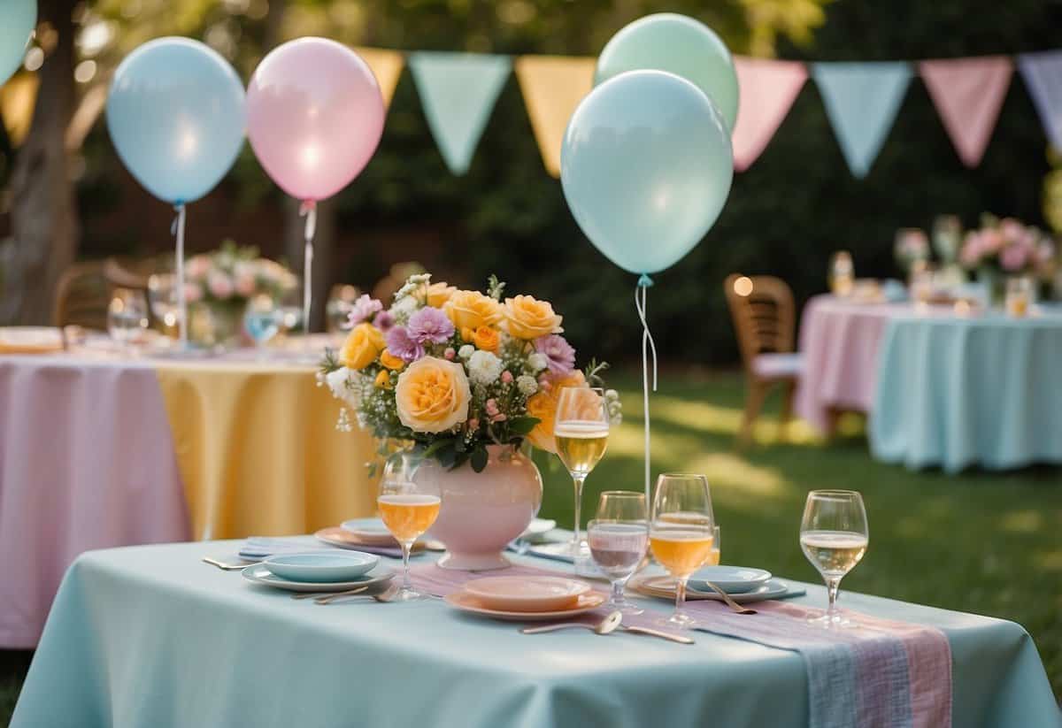 Colorful pastel tablecloths cover tables in a garden party setting for a 60th birthday celebration. Flowers, balloons, and elegant tableware complete the scene