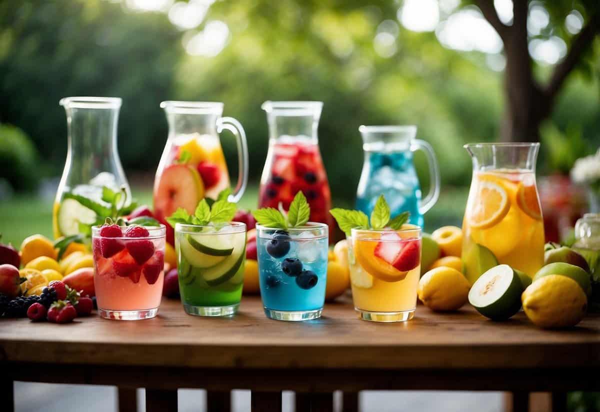 A table displays a variety of fruit-infused water pitchers and glasses, surrounded by lush greenery and colorful flowers at a 60th birthday garden party