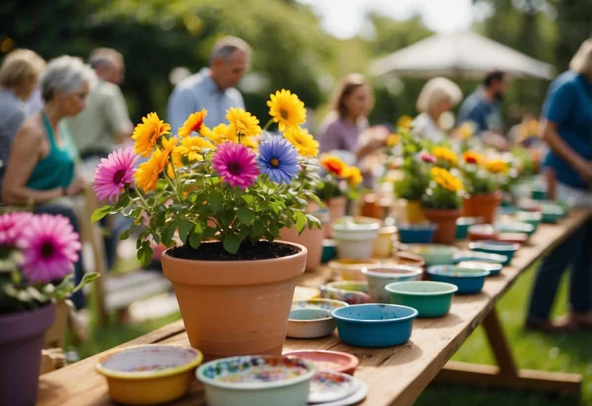 A colorful flower pot painting station at a lively 60th birthday garden party. Tables filled with paint, brushes, and pots, surrounded by happy guests