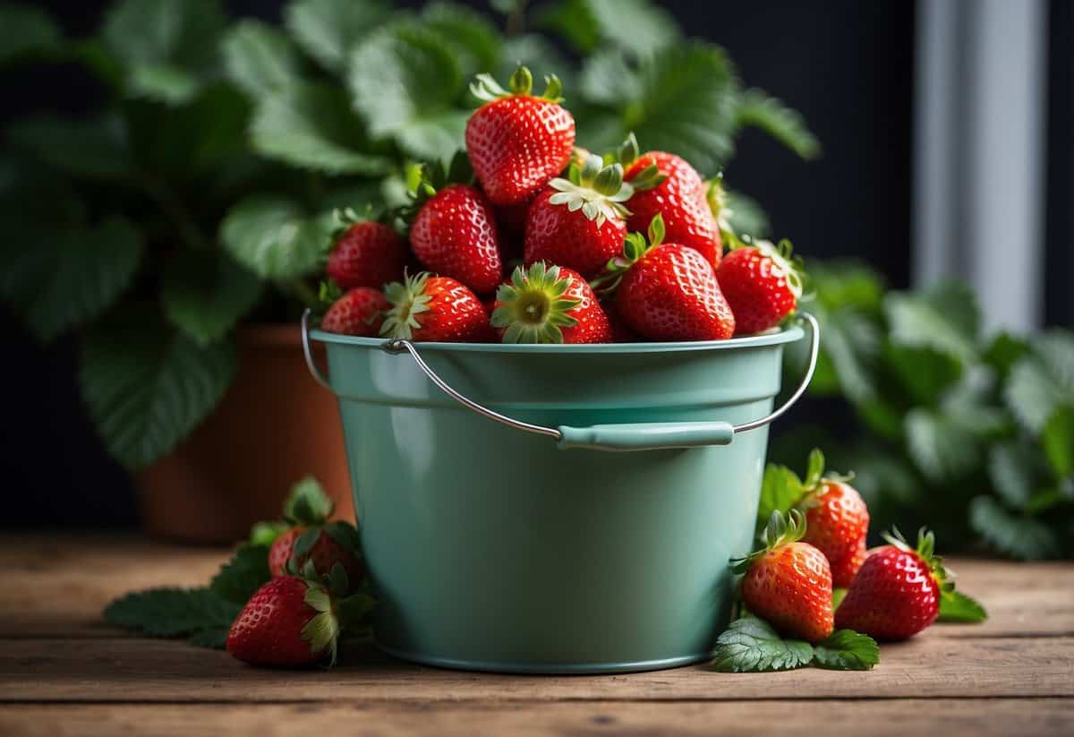 A 5-gallon bucket overflowing with luscious strawberries, arranged in a pyramid shape, with vibrant green leaves spilling over the edges