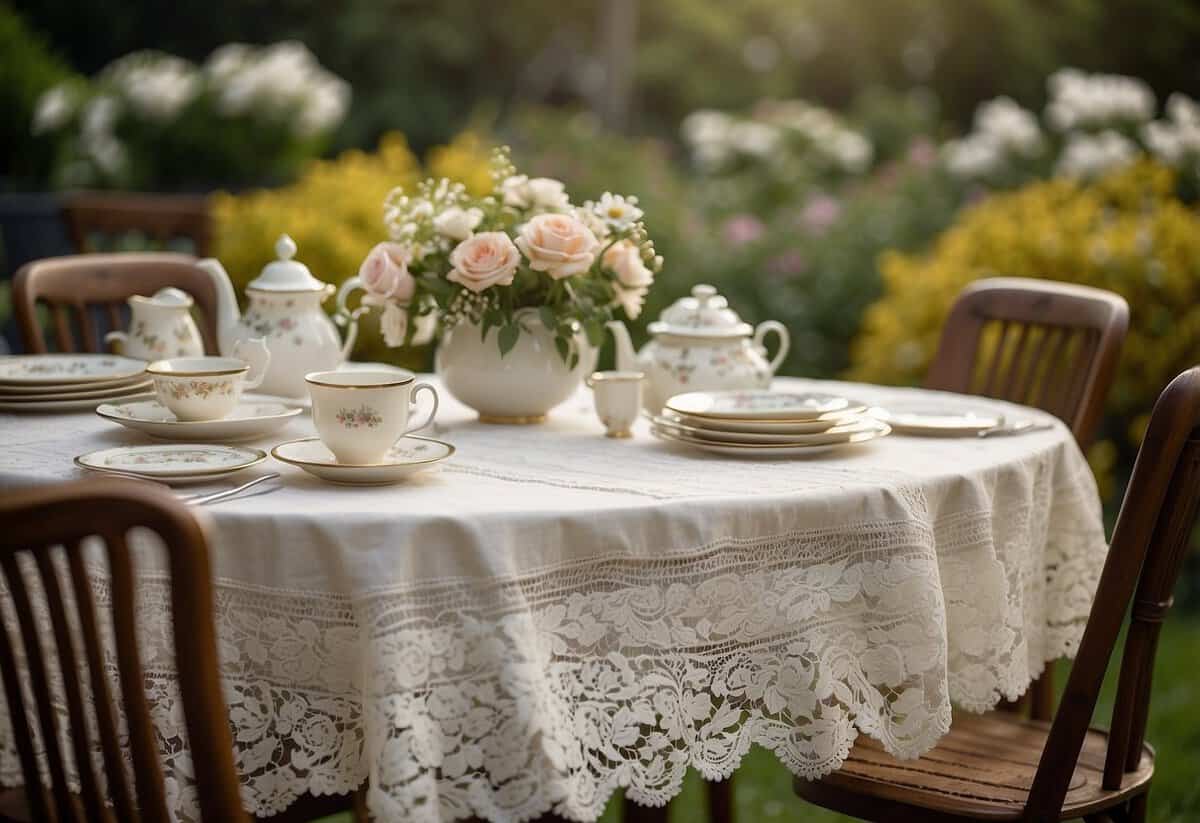 A garden adorned with vintage lace tablecloths for an elegant tea party