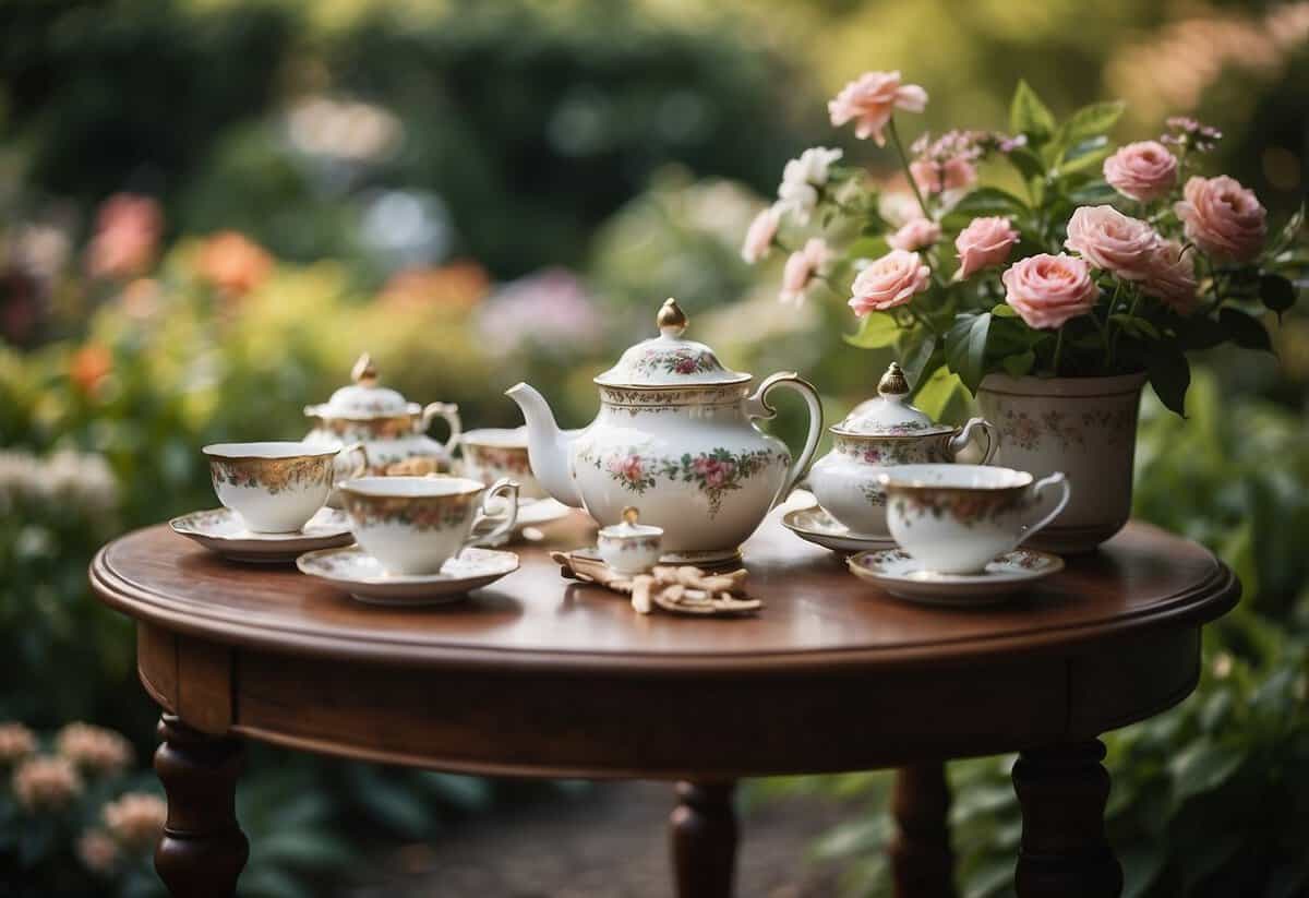 A garden table adorned with antique tea sets, surrounded by lush greenery and blooming flowers, set for a sophisticated adult tea party