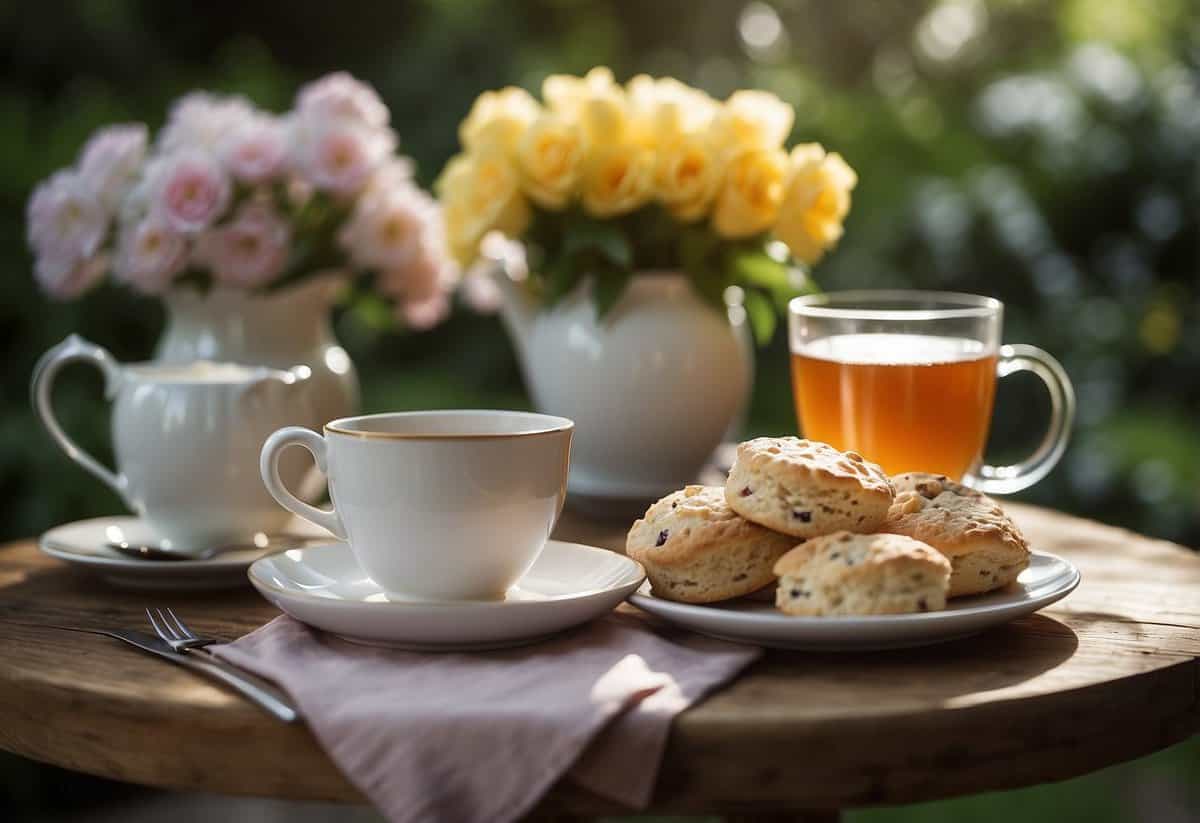 A table set with homemade scones, clotted cream, and tea in a lush garden setting, perfect for an elegant adult tea party