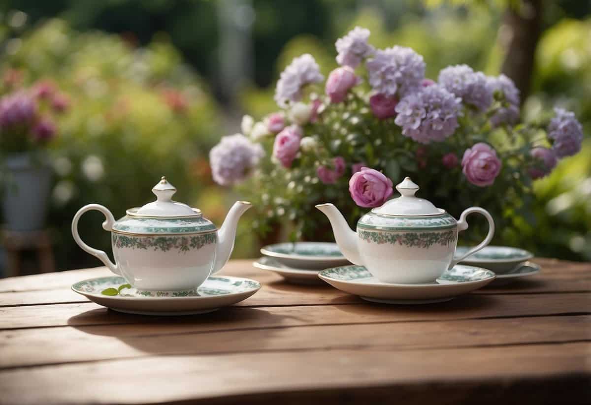 A table set with delicate teacups, teapots, and floral arrangements in a lush garden setting