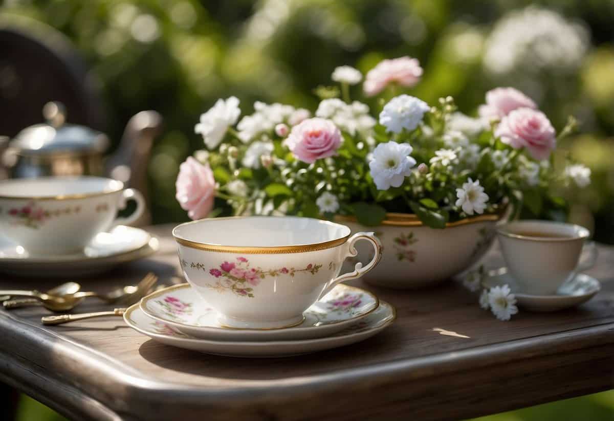 A table set with delicate tea cups and saucers, surrounded by blooming flowers and lush greenery. A personalized invitation with elegant script lies on the table, inviting guests to a charming garden tea party for adults