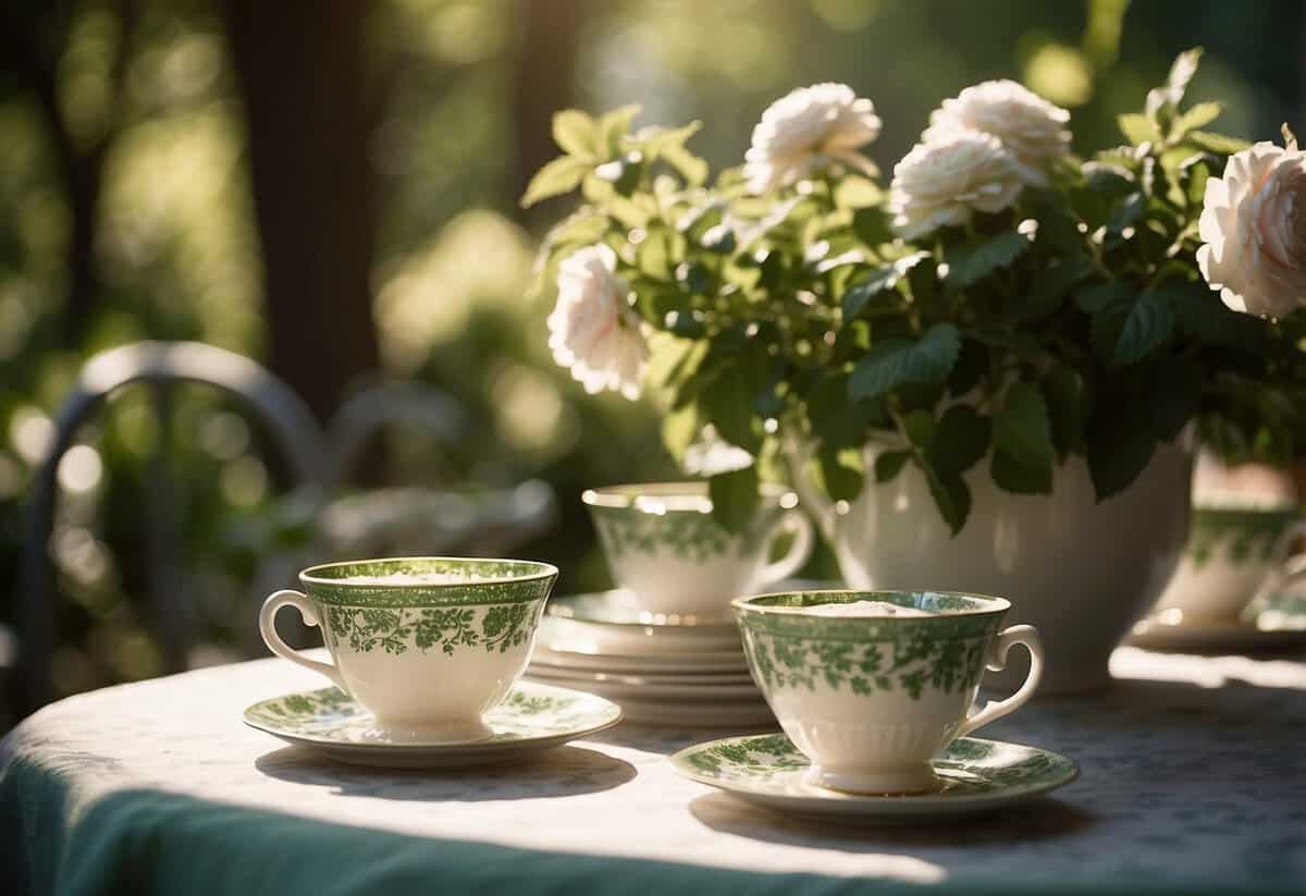 A garden table adorned with mint juleps, floral centerpieces, and delicate teacups. Sunlight filters through the trees, casting dappled shadows on the scene