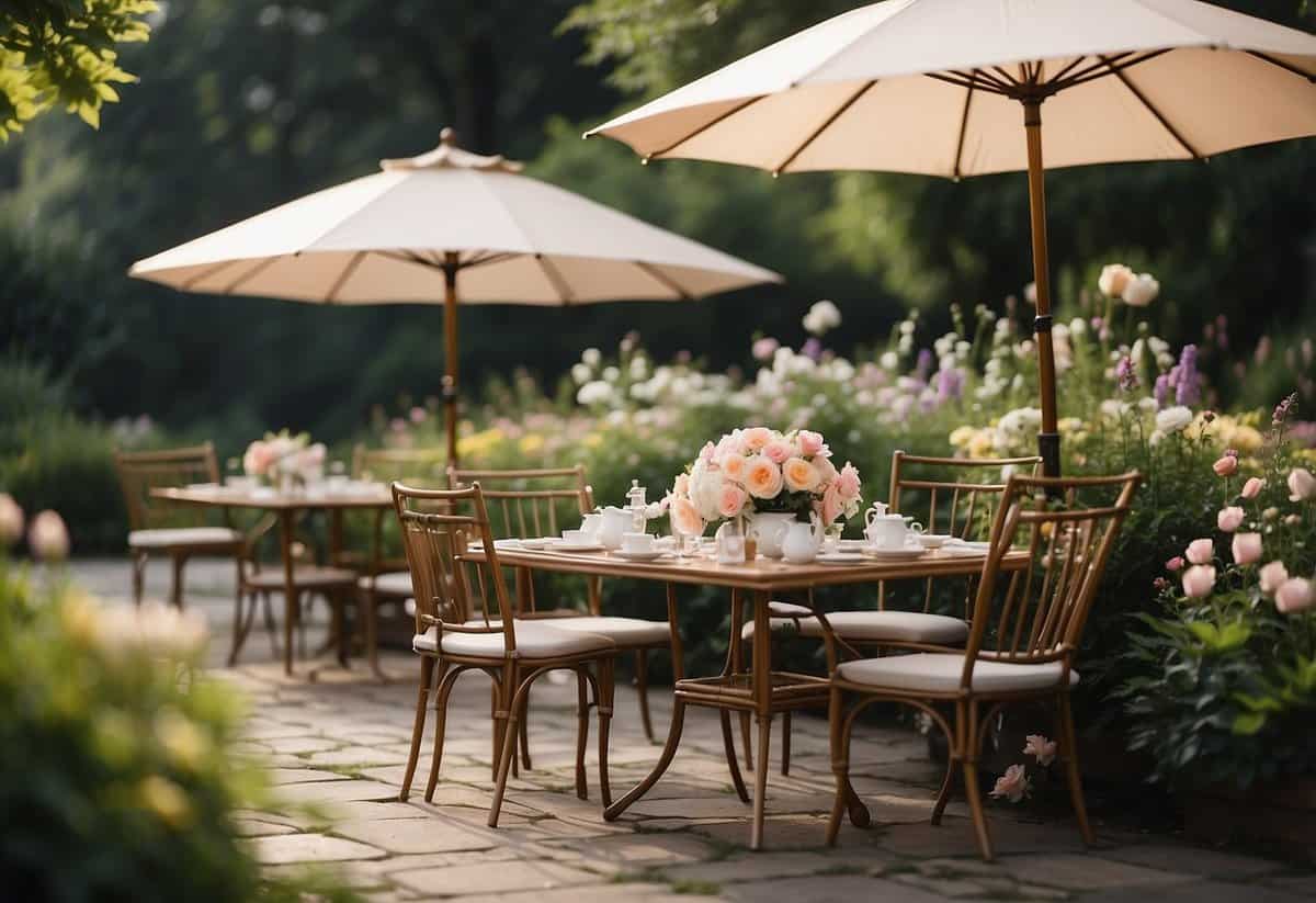 A garden adorned with elegant parasol umbrellas, set up for a sophisticated tea party for adults. Tables are decorated with delicate flowers and fine china, creating a charming and refined atmosphere